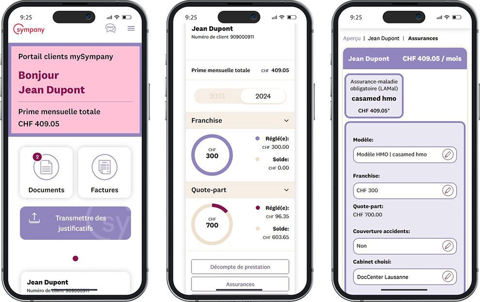 Trois captures d’écran de l’application mySympany. Celle de gauche montre la page d’accueil du portail clients, celle du milieu le bouton «Assurances», celle de droite l’aperçu des assurances d’une personne avec la possibilité de faire des modifications sur l’assurance de base.