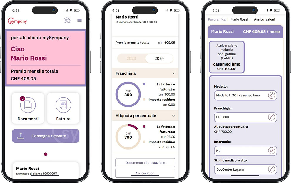 Tre schermate dell’app mySympany. A sinistra si vede la home page del portale clienti, al centro il pulsante «Assicurazione» e a destra la panoramica dell’assicurazione di una persona con la possibilità di apportare modifiche all’assicurazione di base.