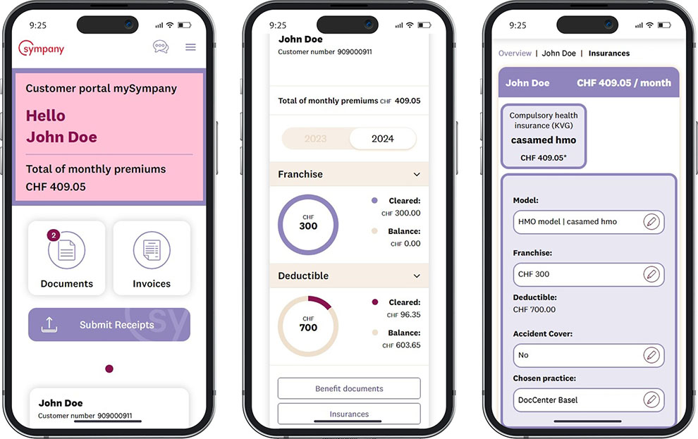 Three screenshots of the mySympany app. The home page of the customer portal can be seen on the left, the ‘Insurance’ button in the centre and a person’s insurance overview on the right with the option to make adjustments to the basic insurance.