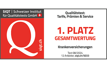 Siegel von SIQT auf Deutsch, 1. Platz Gesamtwertung unter Krankenversicherungen