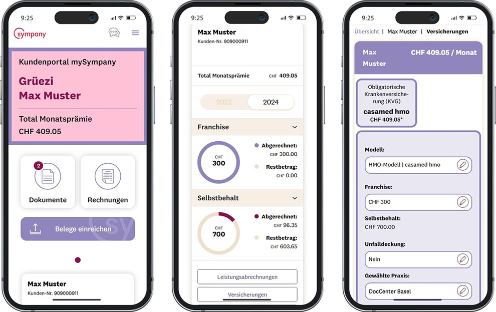 Drei Screenshots von der mySympany App. Im linken ist die Startseite des Kundenportals zu sehen, im mittleren der Button «Versicherungen», rechts die Versicherungsübersicht einer Person mit der Möglichkeit, Anpassungen an der Grundversicherung vorzunehmen.