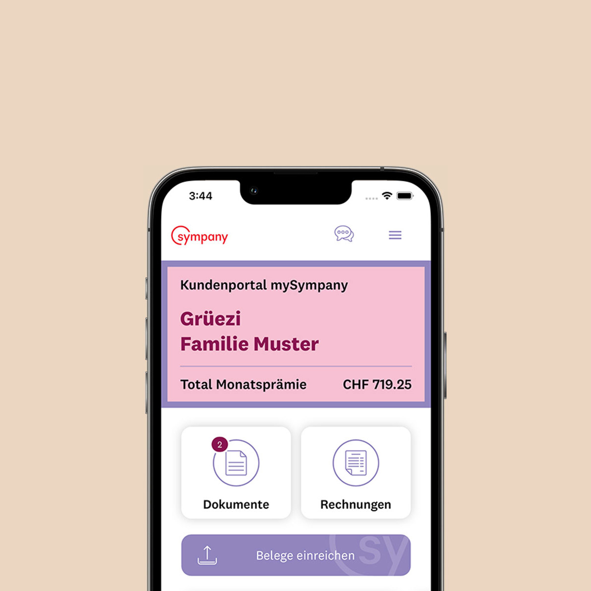 Smartphone mit der Startseite von mySympany auf Deutsch